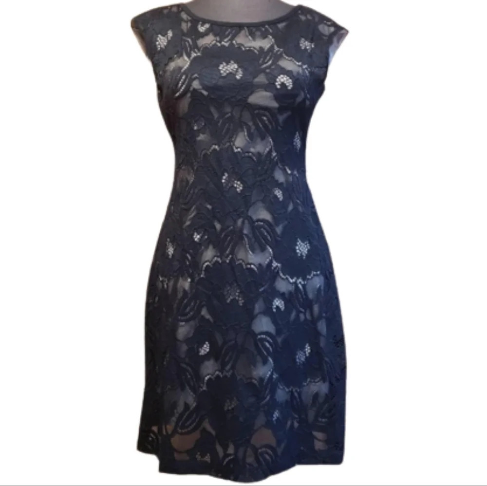 Connected Apparel Navy Blue Crochet Lace Overlay Cap Sleeve Dress Size Women 10